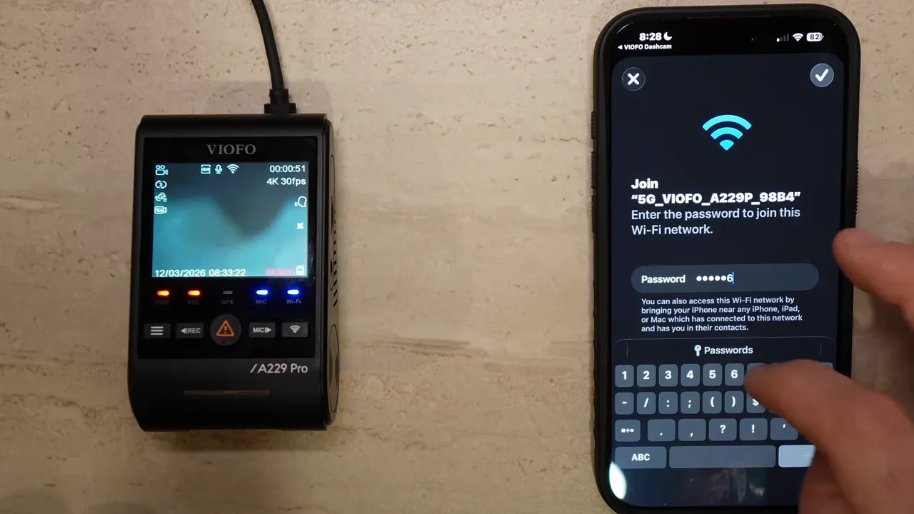 Phone join screen for 5G_VIOFO_A229P showing the password field with masked digits while a finger types, next to the VIOFO A229 Pro dashcam
