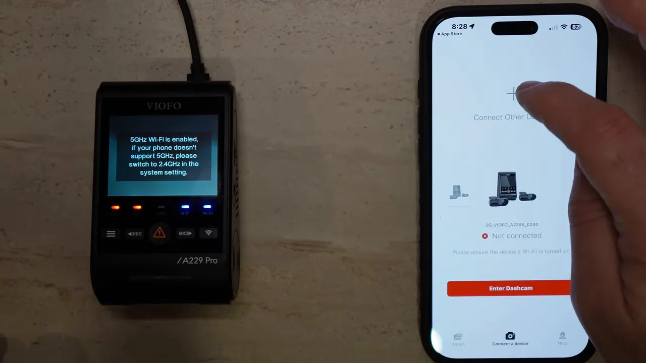 Dashcam screen reading '5GHz Wi‑Fi is enabled' next to a smartphone showing the VIOFO app