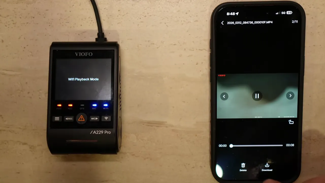 VIOFO app playback screen showing a selected clip with playback controls and a visible Download button at the bottom
