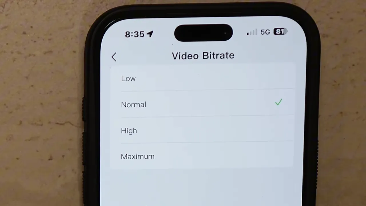 VIOFO app video bitrate menu showing 'Normal' selected