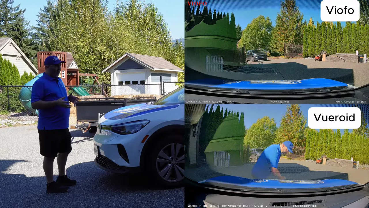 Split-screen Viofo and Vueroid recordings with text explaining buffered recording differences