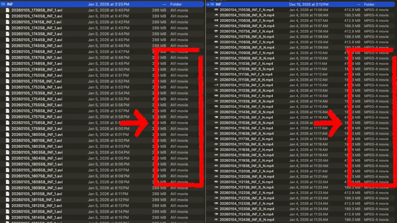 File browser showing two columns of dashcam files with red arrows and boxes highlighting larger AVI files on the left and smaller MP4 files on the right