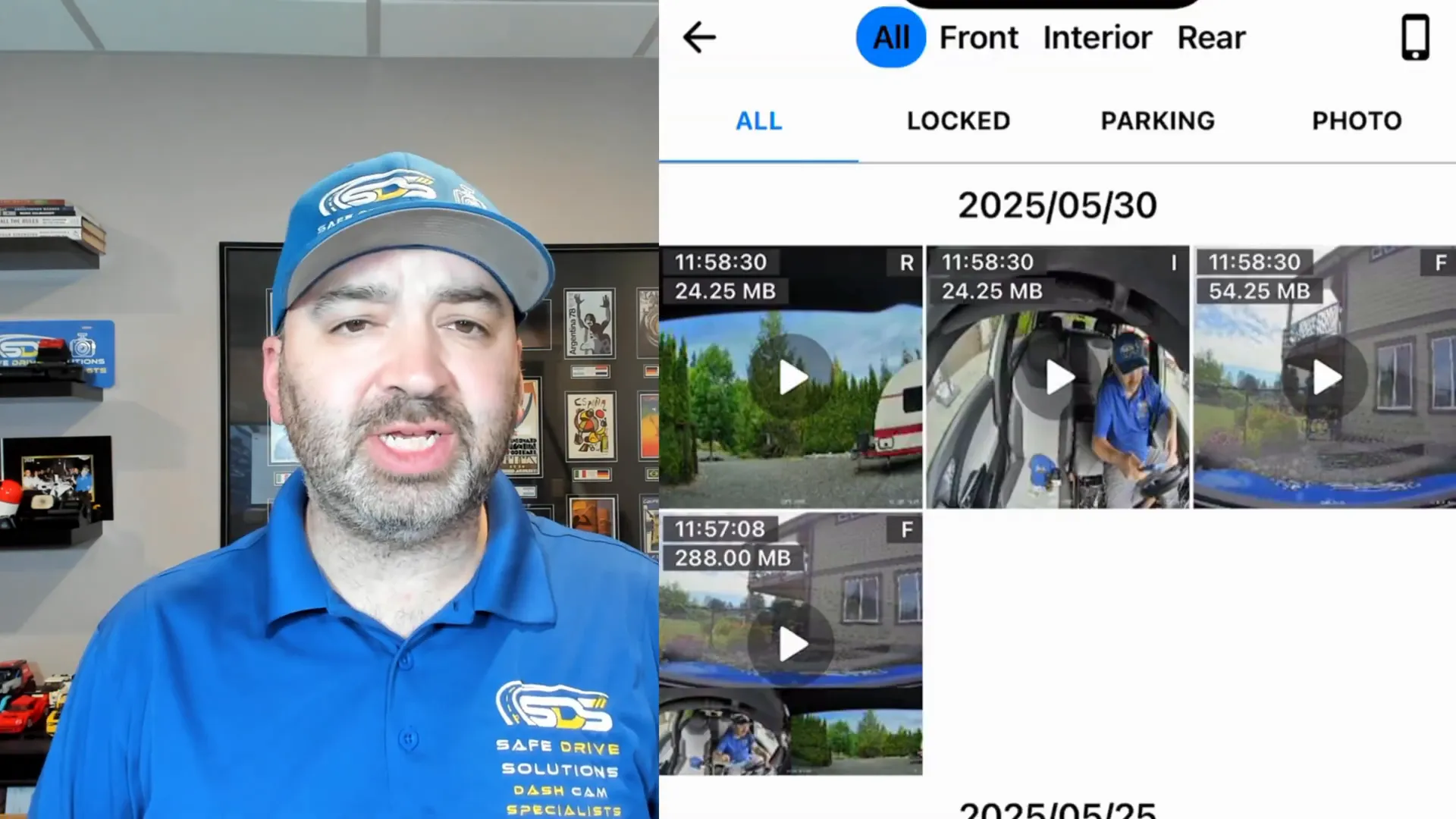 Viewing individual video files for front, interior, and rear cameras