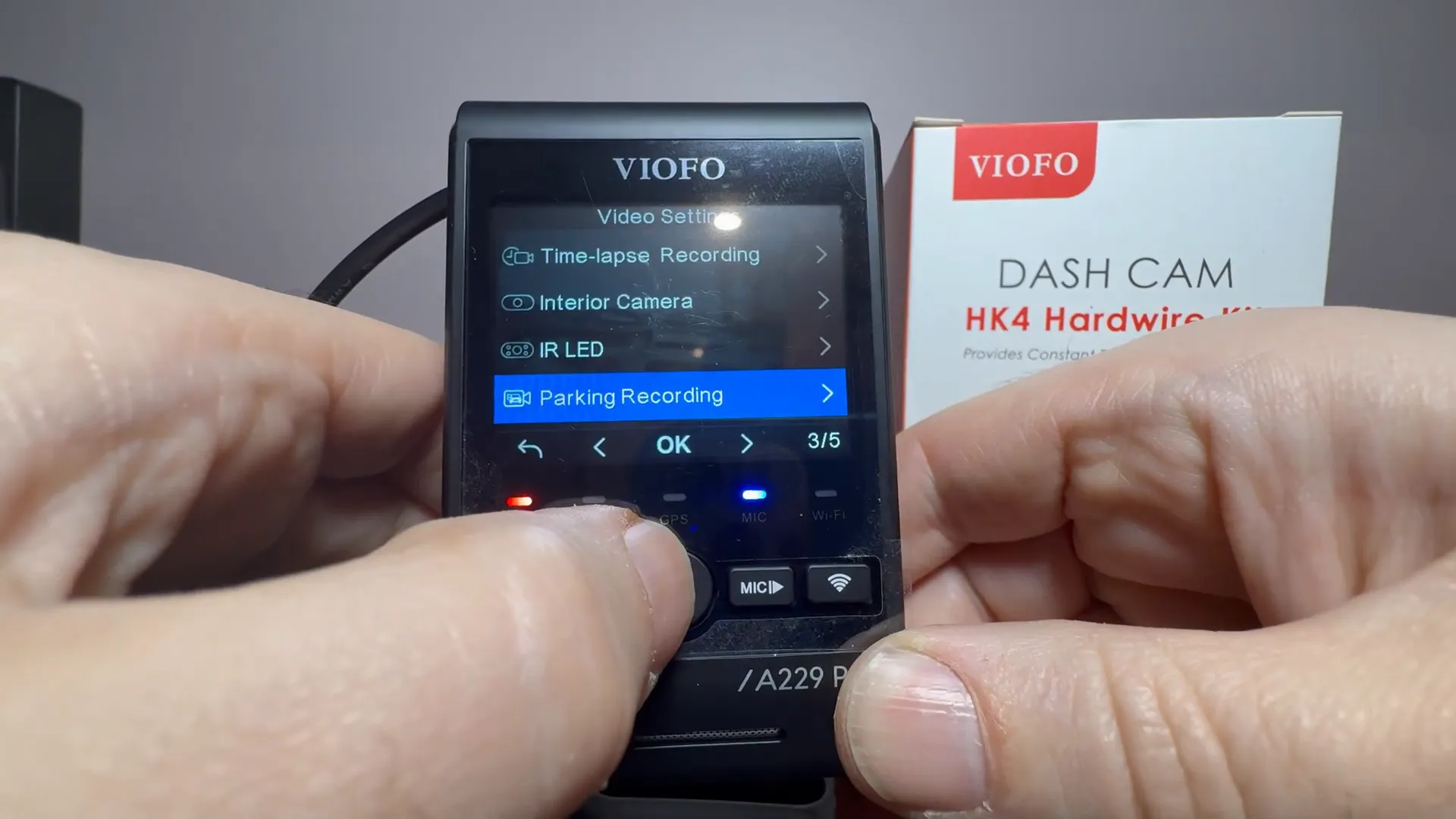 Accessing parking mode settings on VIOFO dash camera