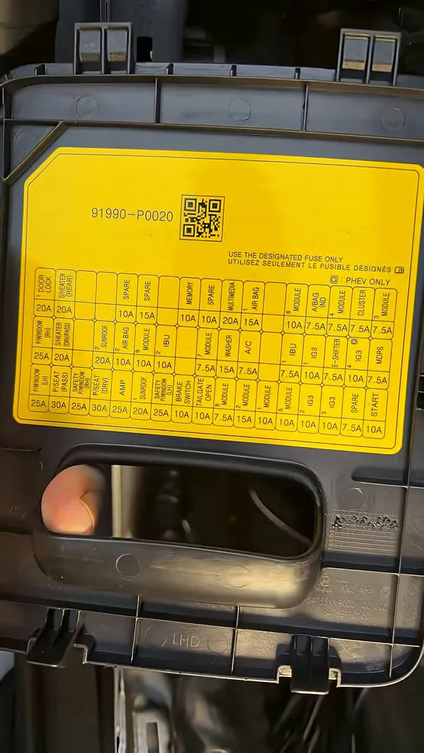 Hyundai Tucson fuse box cover with full yellow fuse map diagram showing labelled fuse positions and spare slots