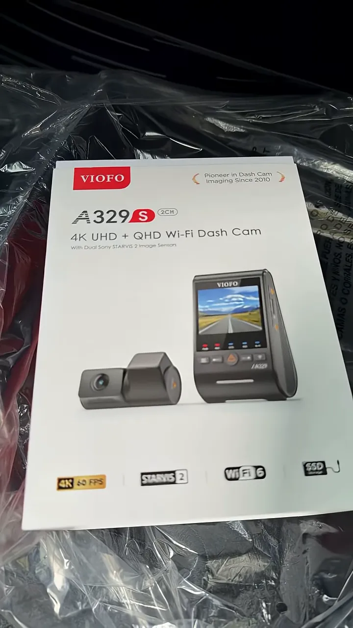 VIOFO A329S dash camera product box showing front and rear cameras