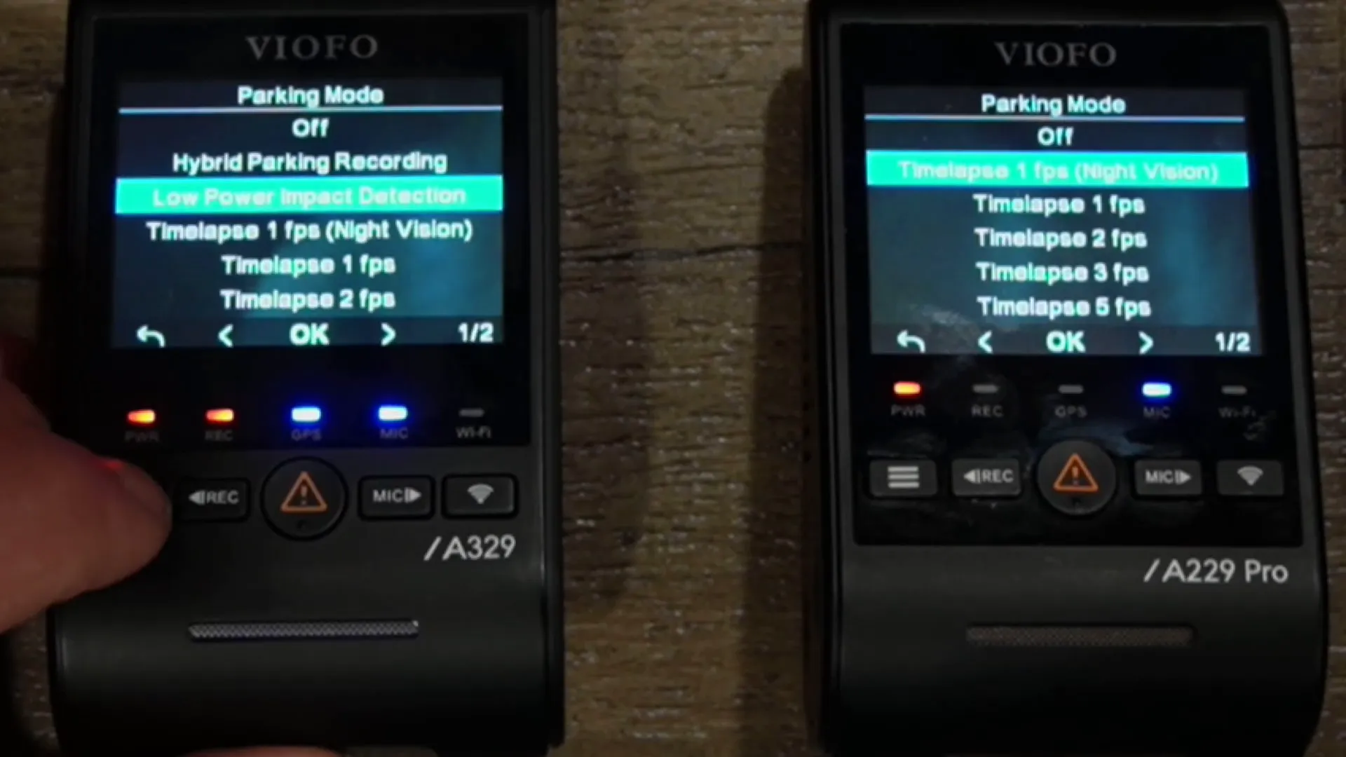 Parking mode settings showing hybrid and low power impact detection on A329S