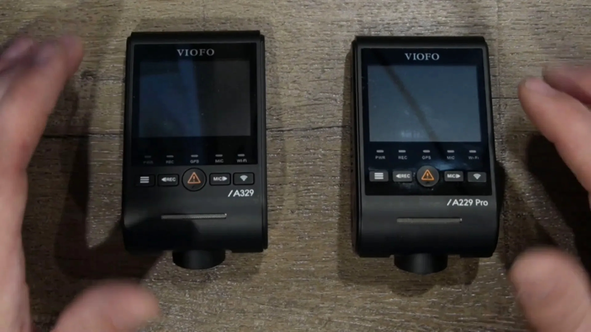 Front view showing identical button layout on both Viofo A329S and A229 Pro