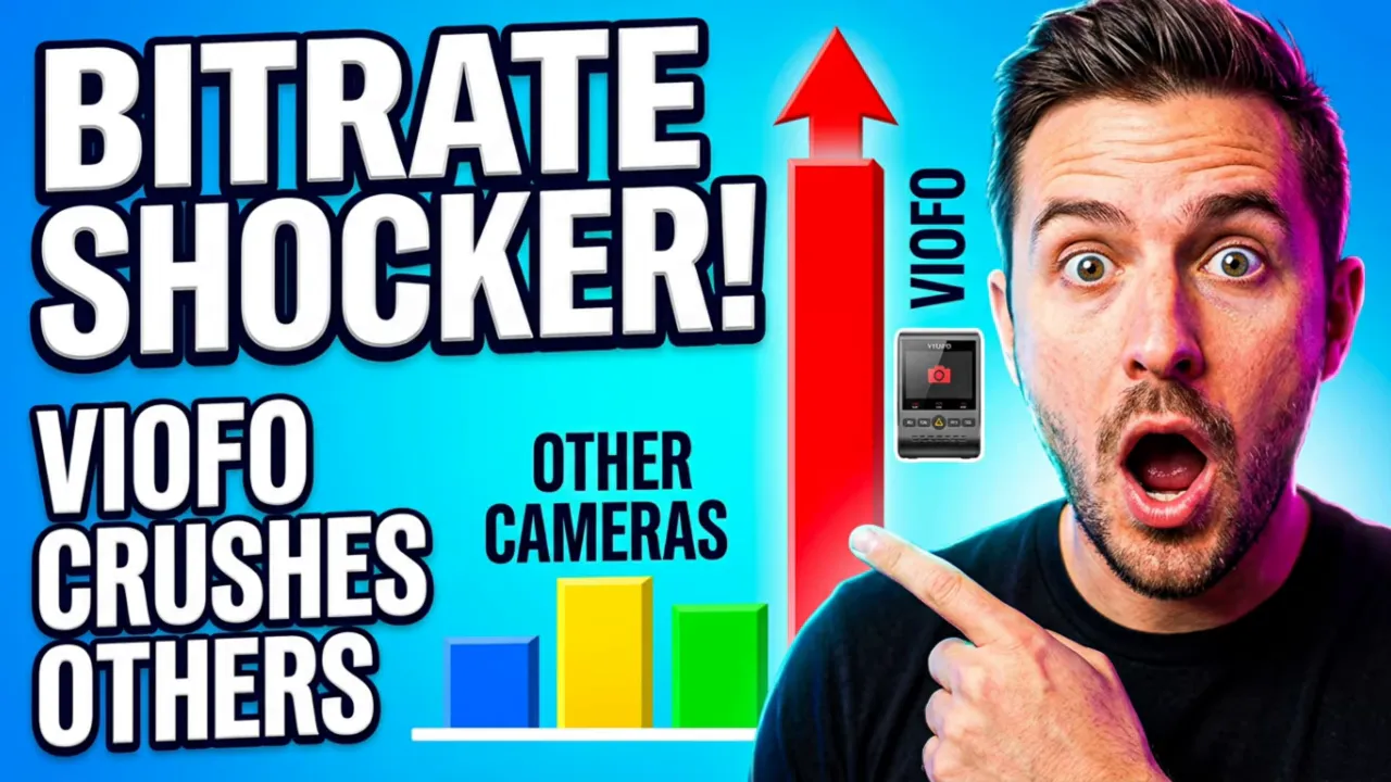YouTube graphic stating 'BIRATE SHOCKER! VIOFO CRUSHES OTHERS' about dash cam bitrate and plate capture