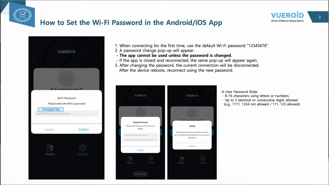 Vueroid app showing default Wi‑Fi password entry and required change