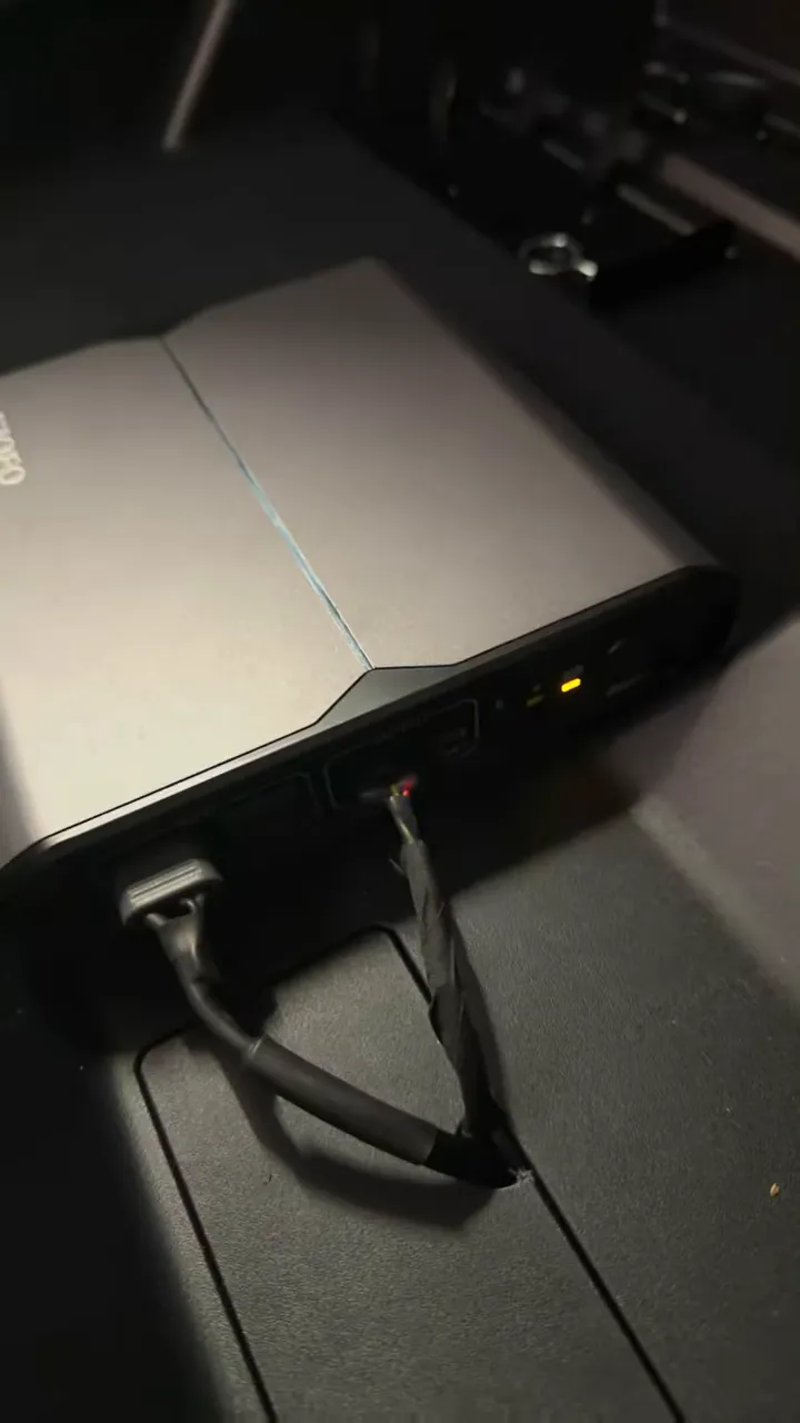 VOFO battery pack in Kia EV9 rear storage showing power LED and wired connections