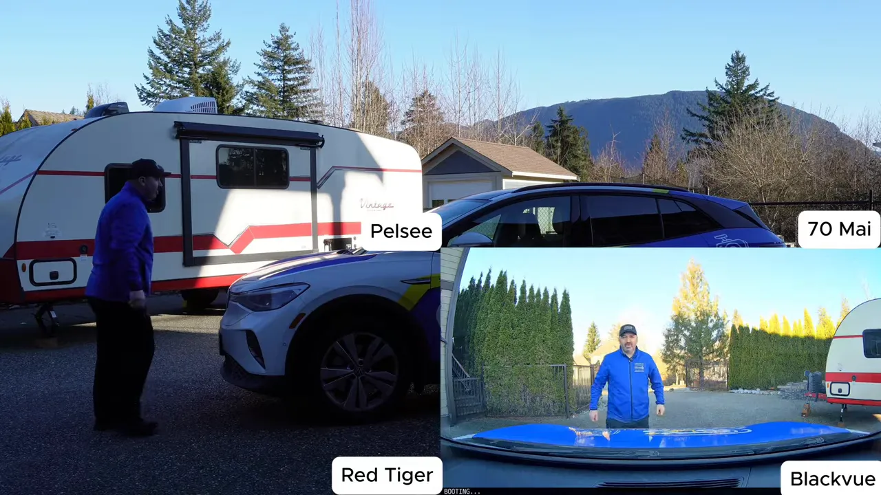 Four panel impact detection comparison showing Red Tiger BlackVue 70mai and Pelesee camera views