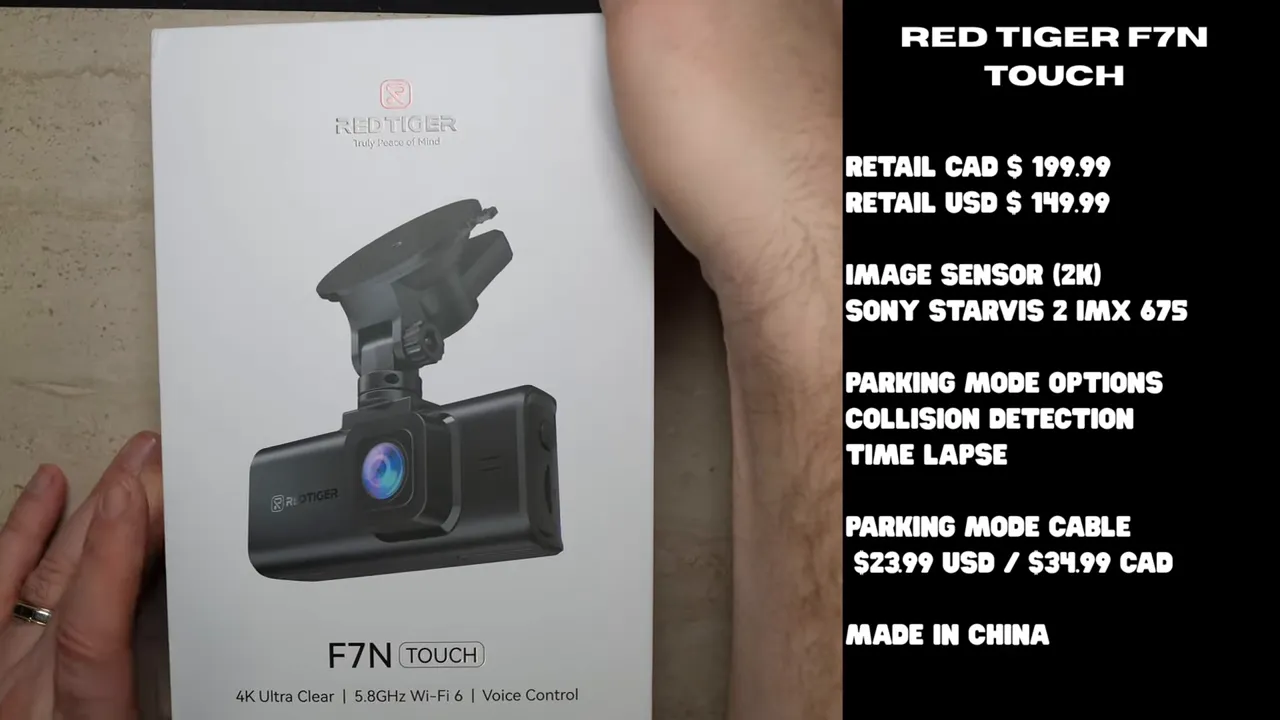 Red Tiger F7N Touch retail box beside a list of camera specifications