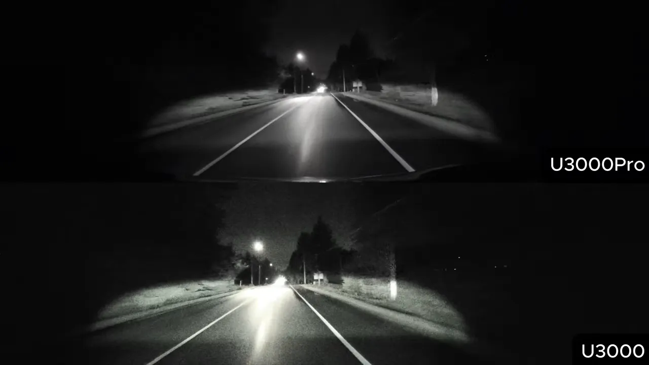 Night comparison: U3000 Pro (top) vs U3000 (bottom) showing reduced blur