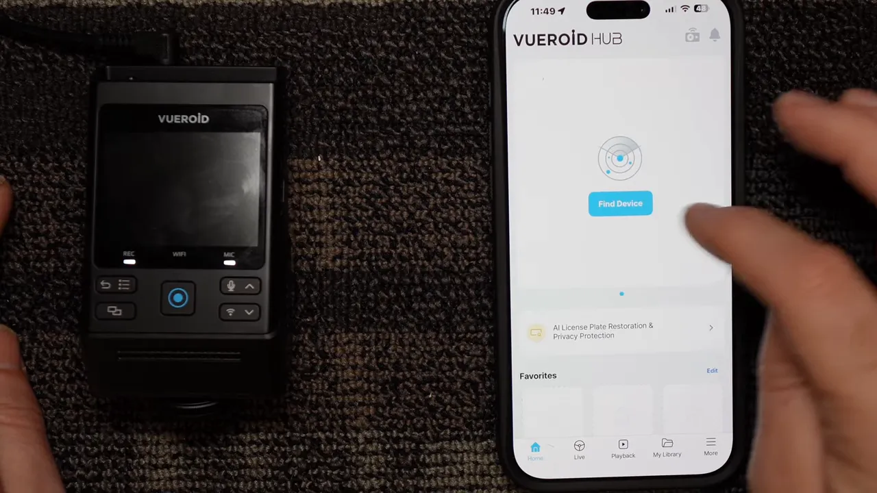 Phone showing Vueroid Hub app home screen with a blue Find Device button next to the Vueroid S1 dashcam