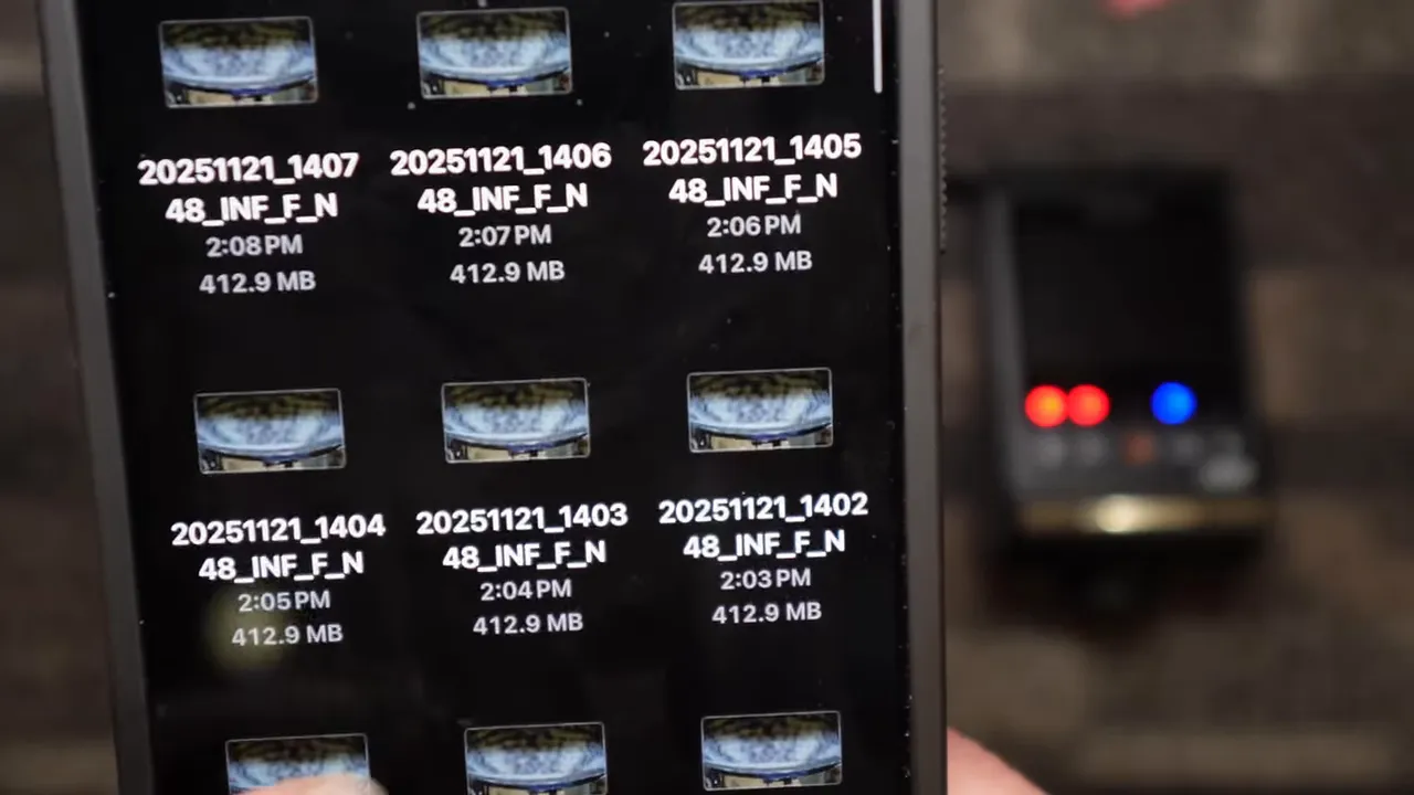 Phone displaying dash cam video thumbnails with filenames, timestamps and 412.9 MB file sizes beside a dash cam unit