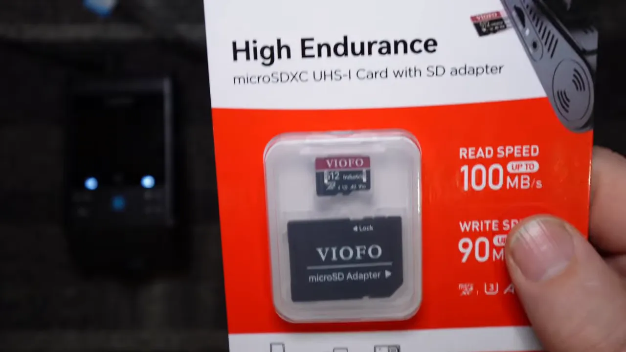 Packaged Viofo High Endurance microSDXC card with SD adapter showing 512GB label and read/write speeds