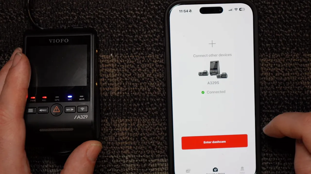 Smartphone displaying the Viofo app with A329S listed as connected and a red 'Enter dashcam' button, next to the Viofo A329 unit.