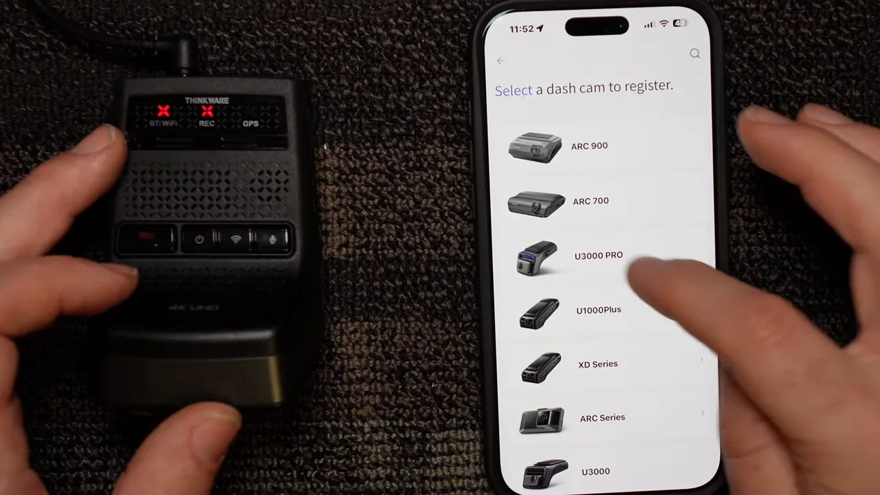 Thinkware app screen listing dash cam models with U3000 PRO highlighted for registration