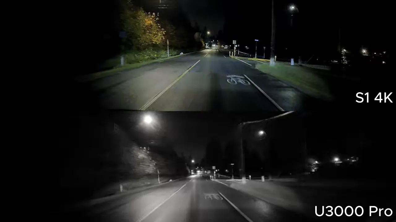 Split screen night driving footage labeled S1 4K and U3000 Pro