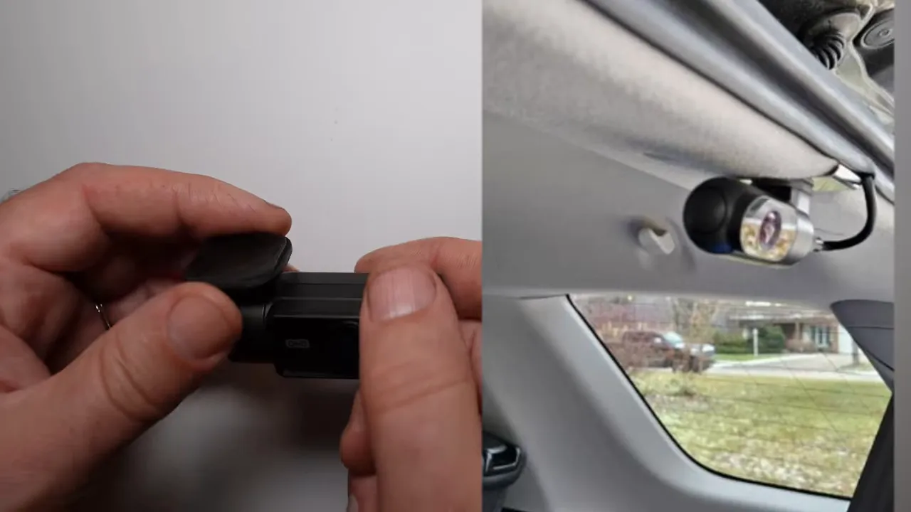 Rear camera being adjusted beside an inset showing a camera mounted near a vehicle headliner