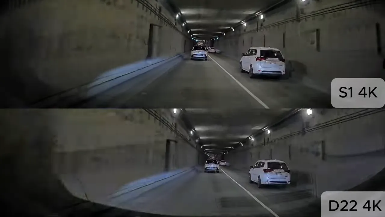 Split-screen tunnel footage labelled S1 4K above D22 4K, with a white car in the adjacent lane