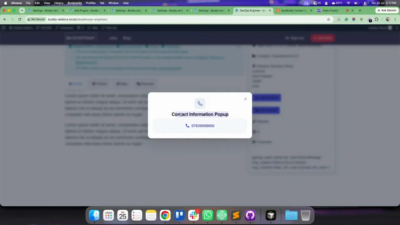Contact information confirmation pop-up over a GeoDirectory listing page