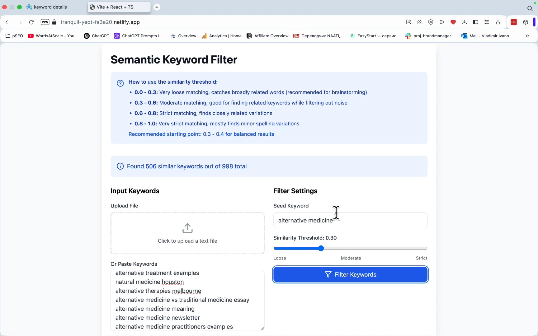 Filtered keyword list showing semantically relevant results