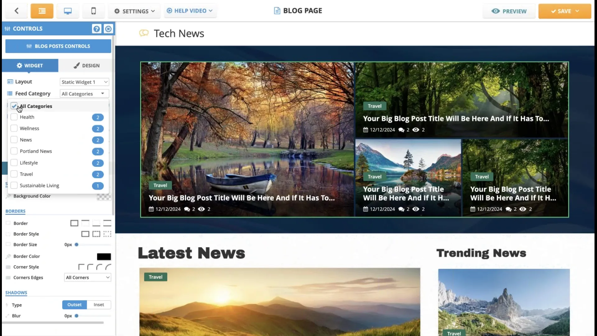 Customizing site widgets to display categories