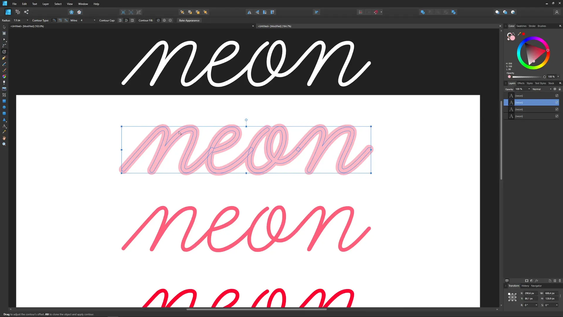 Aplicarea offset-ului cu instrumentul Contour pentru efectul neon