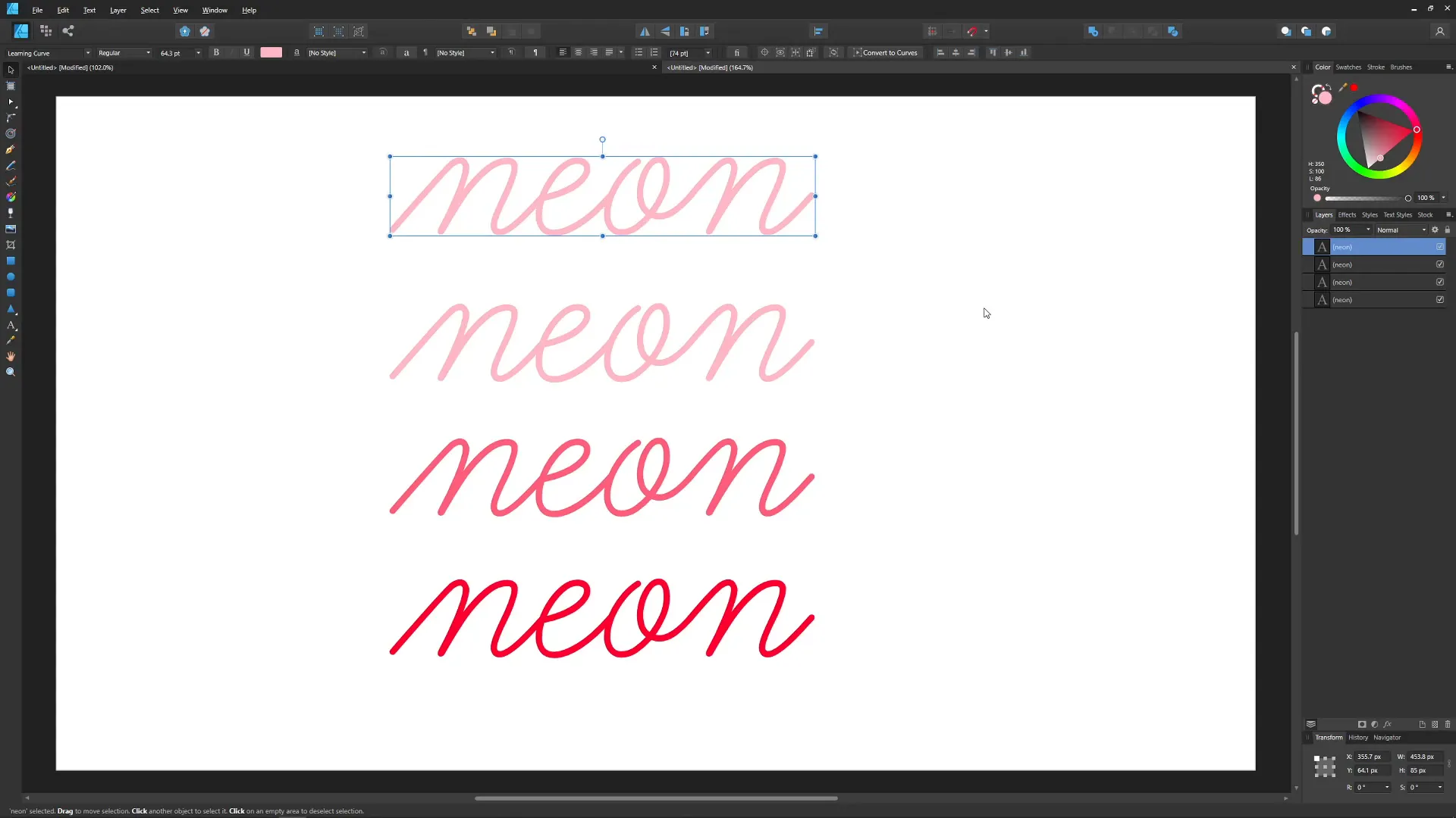 Copierea și colorarea textului neon în diferite nuanțe pentru efectul de strălucire