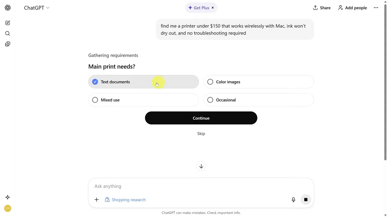 Interfață ChatGPT întrebând 'Main print needs?' cu opțiuni (Text documents, Color images etc.)