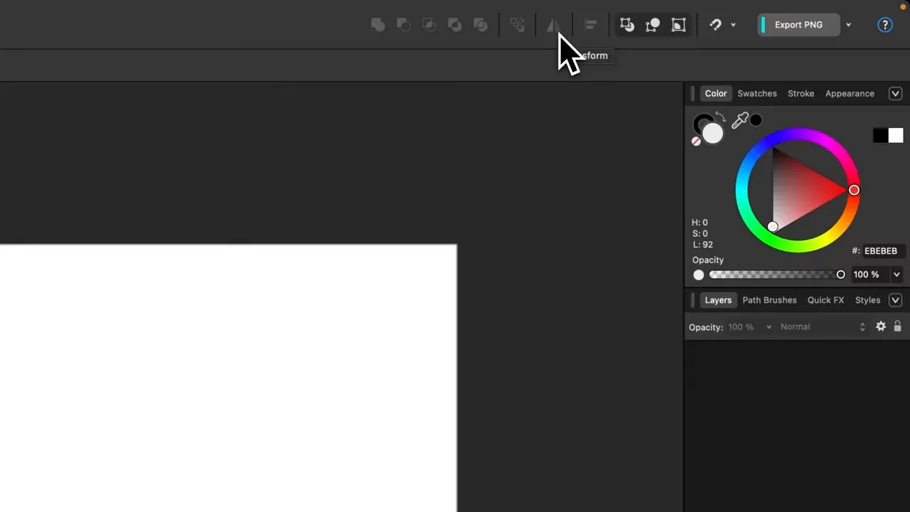 Pictograma Transform evidențiată în bara de sus Affinity V3