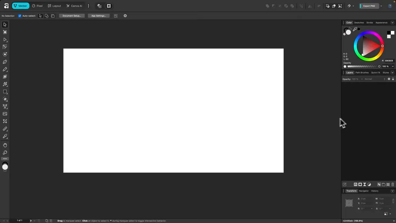 Affinity V3 screenshot cu panourile dockabile Swatches, Stroke și Layers pe partea dreaptă