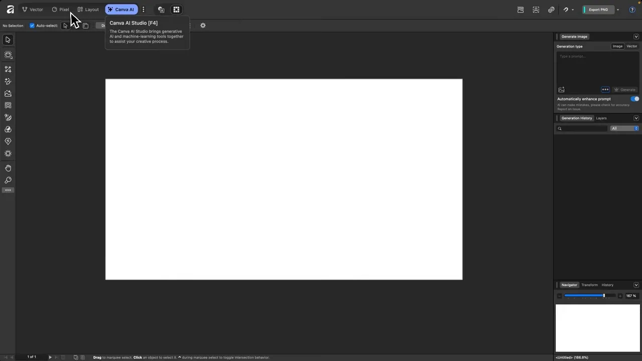 Affinity V3 cu Canva AI activ, panoul Generate Image vizibil în partea dreaptă