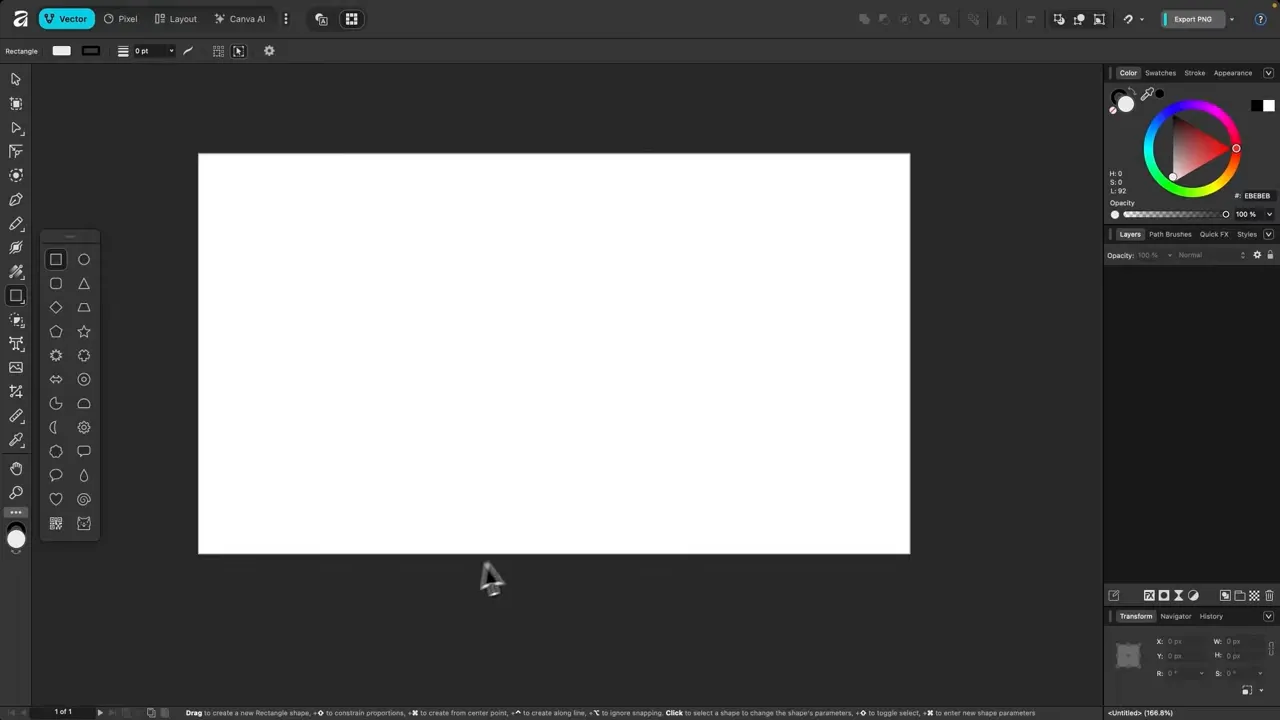 Affinity V3 - cursor lângă marginea inferioară a canvasului cu panouri laterale vizibile