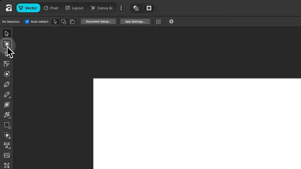 Prim-plan al barei de instrumente stânga în Affinity V3 cu cursor pe instrument și sub-opțiuni vizibile