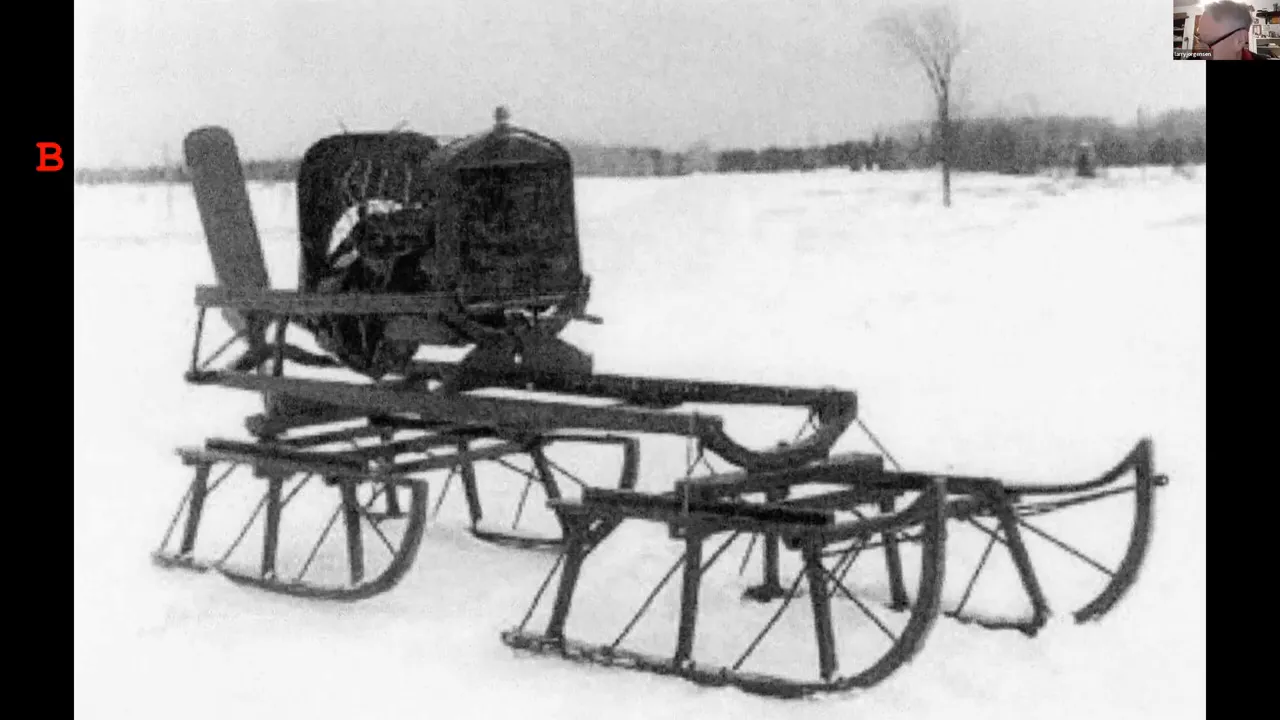 Early air‑propelled snow sled with propeller and Model T radiator on snow