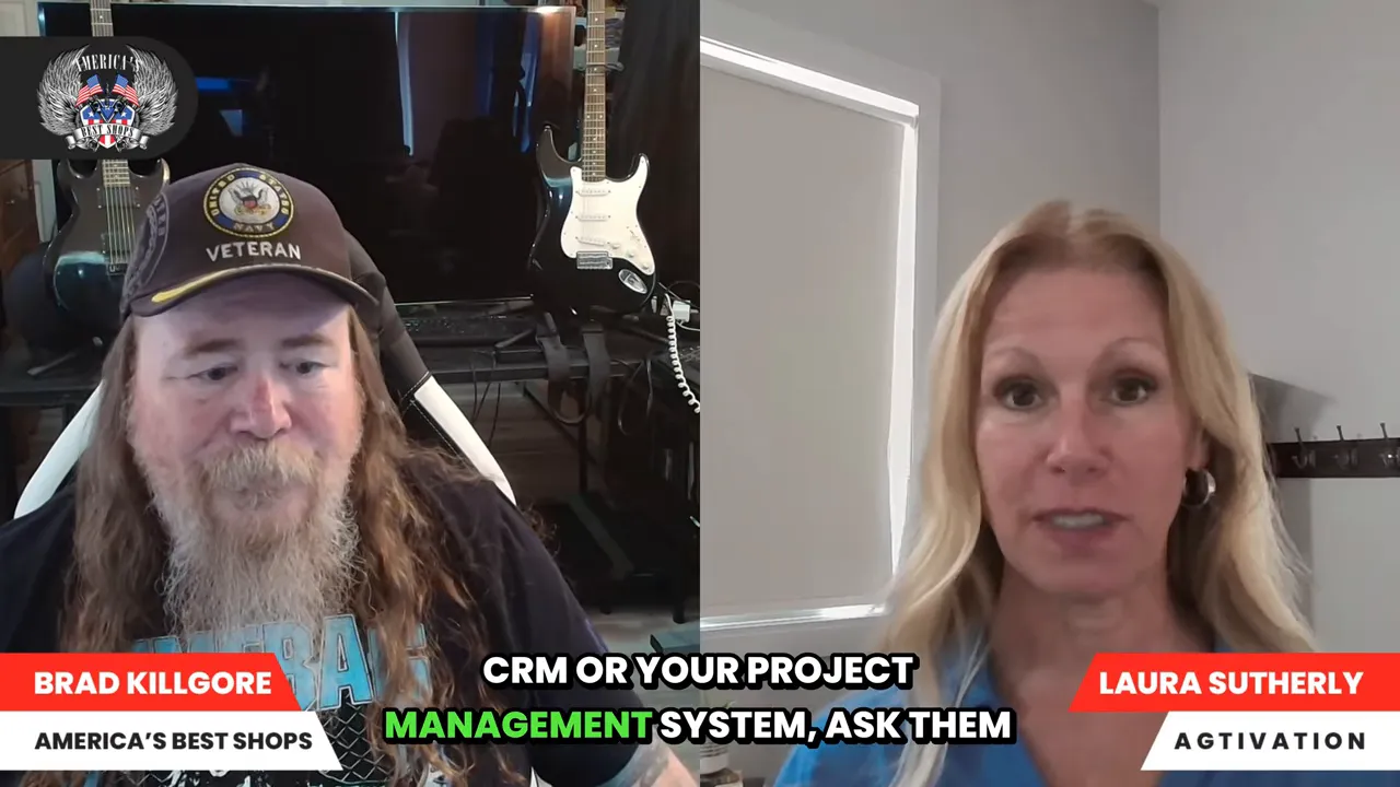 Two speakers in a split-screen video call with captions discussing CRM and project management systems