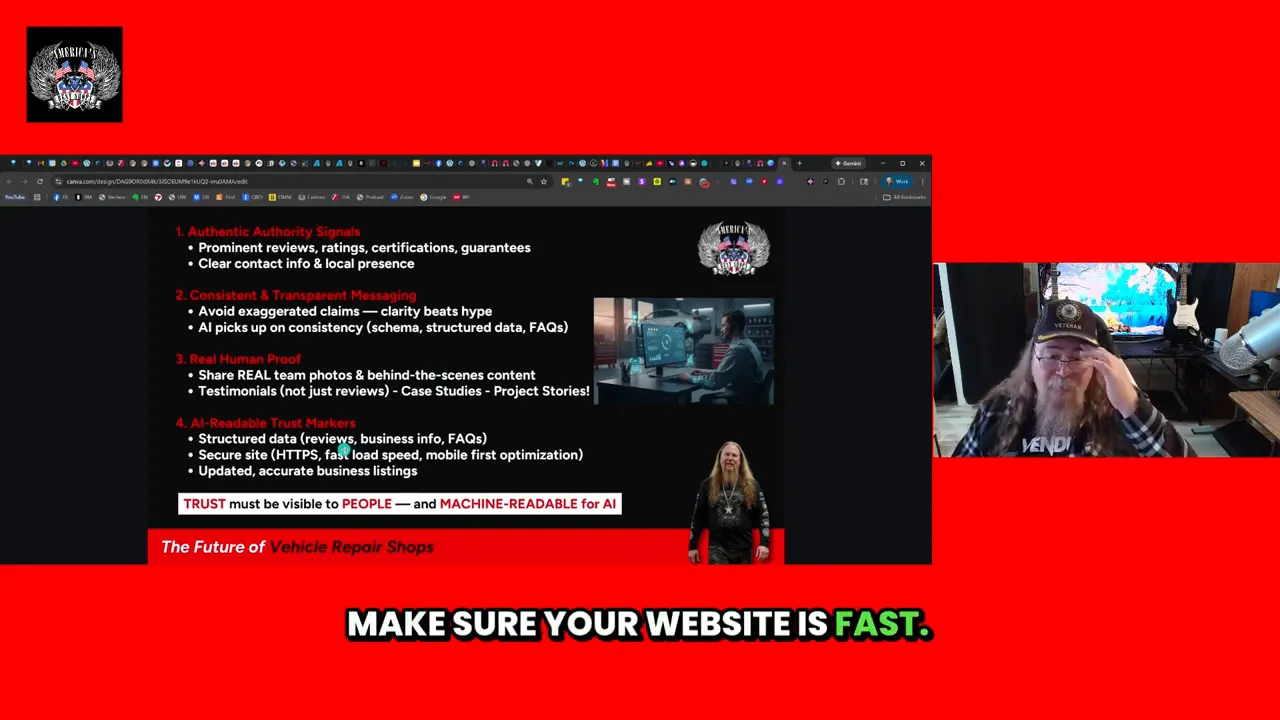 Presentation slide reading 'Make sure your website is fast.' with a presenter visible in a webcam window to the right; red background and clear slide content.