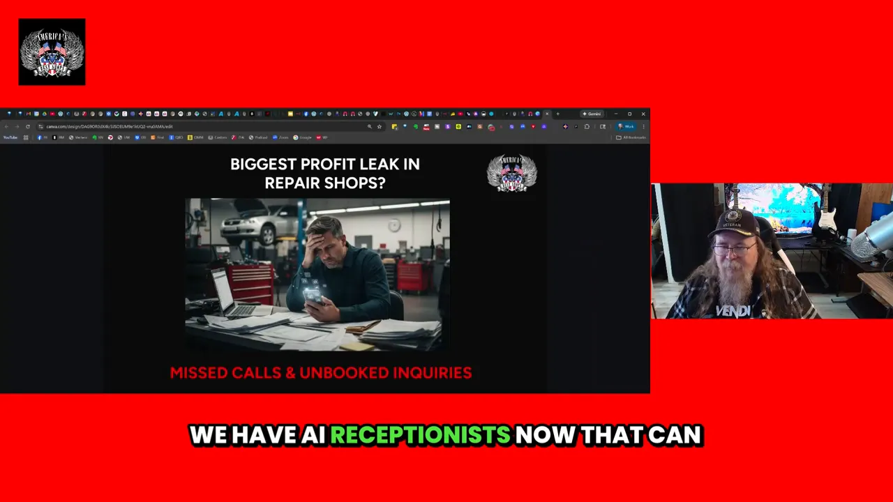 Presentation slide 'Biggest profit leak in repair shops? Missed calls & unbooked inquiries' with on-screen text 'WE HAVE AI RECEPTIONISTS NOW THAT CAN' and presenter visible at right.