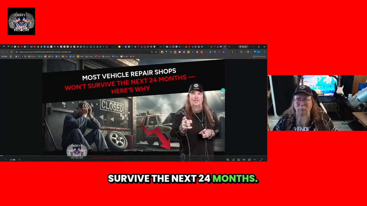 Presentation slide and presenter with text: Most vehicle repair shops won't survive the next 24 months — here's why.