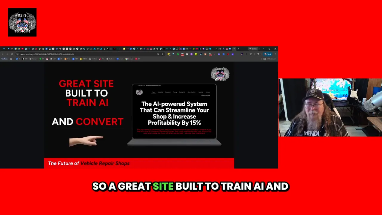 Presentation slide reading 'Great site built to train AI and convert' with a laptop mockup and presenter thumbnail