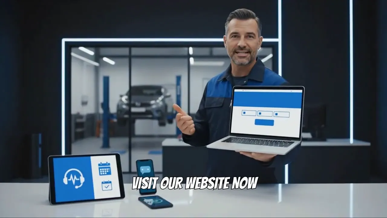 Shop representative holding laptop showing website with tablet and phone on counter
