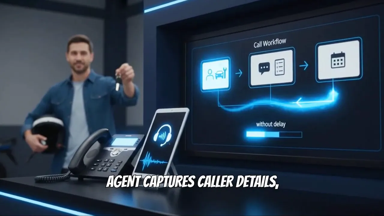 Digital screen showing AI workflow from chat to message to calendar beside desk phone and tablet