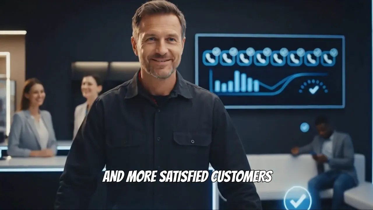 Smiling shop employee in front of wall charts with team members working in background
