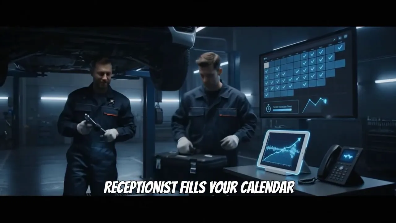 Two shop staff standing beside desk with laptops and large wall calendar display in service bay