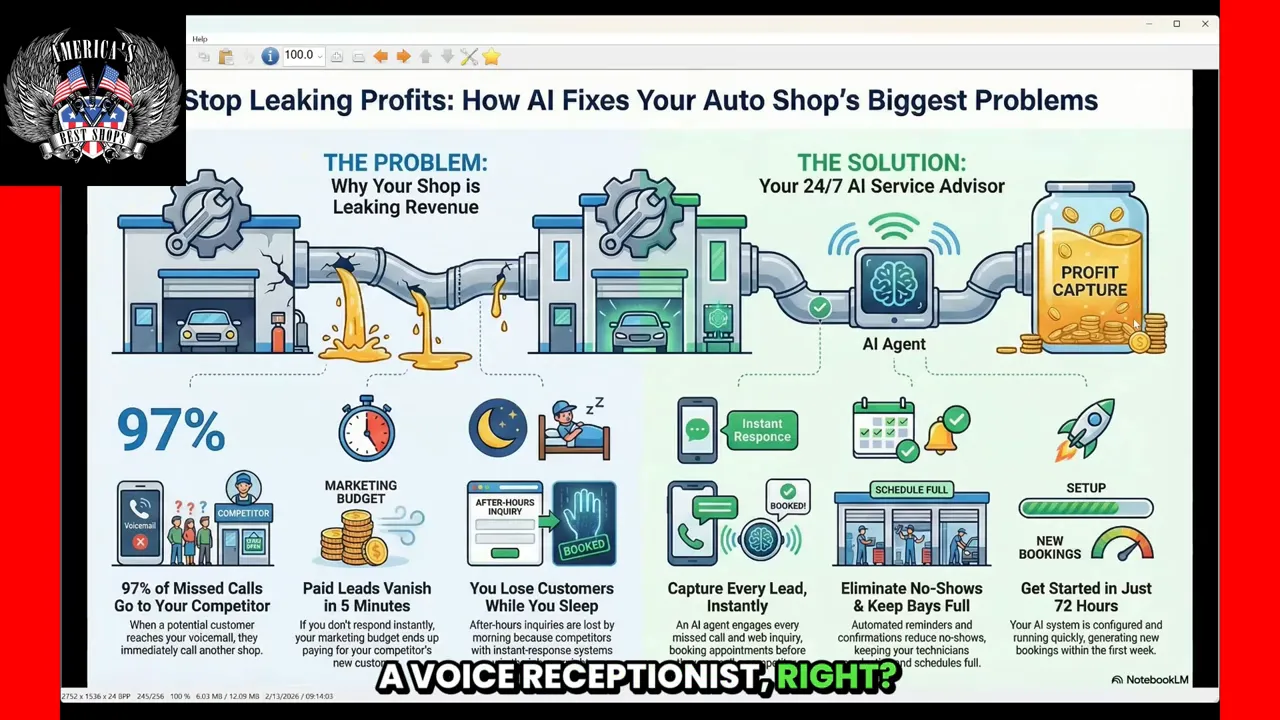 Clear screenshot of the 'Stop Leaking Profits' infographic highlighting AI agent, phone/chat icons and profit capture with on-screen subtitle 'A VOICE RECEPTIONIST, RIGHT?'