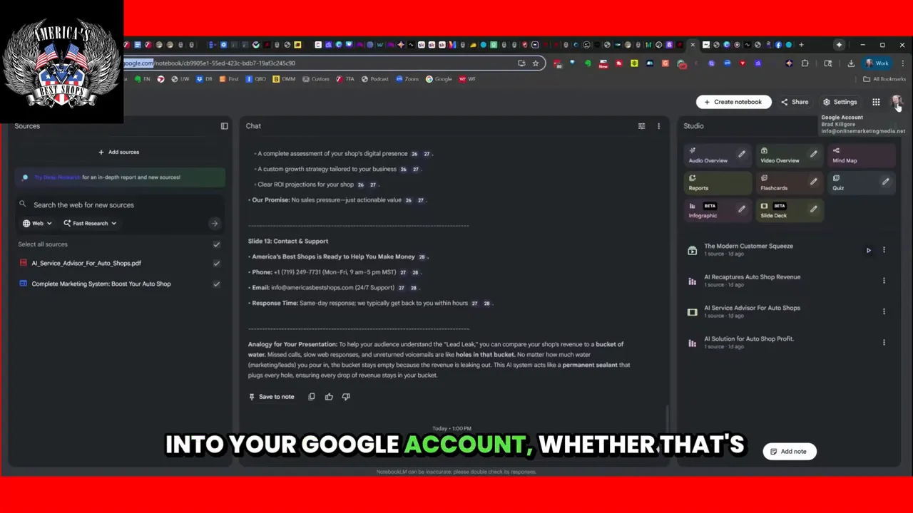 Notebook LM interface in dark mode showing the Sources panel with 'Add sources', a center Chat panel, and the Studio panel on the right.