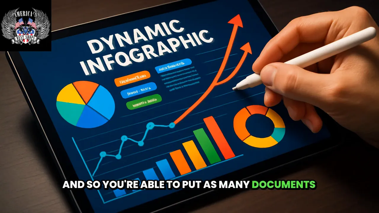 Tablet displaying a colorful dynamic infographic with pie charts, bar charts, line graph and upward arrows; a hand holding a stylus points to the screen.